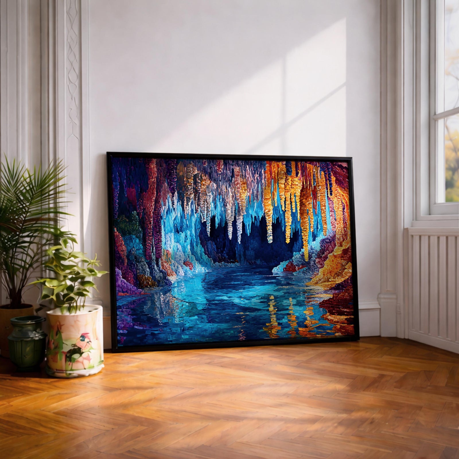 Fantasy Cave Painting: Vibrant Stalactite Grotto Art (Digital / Print / Canvas / Framed)