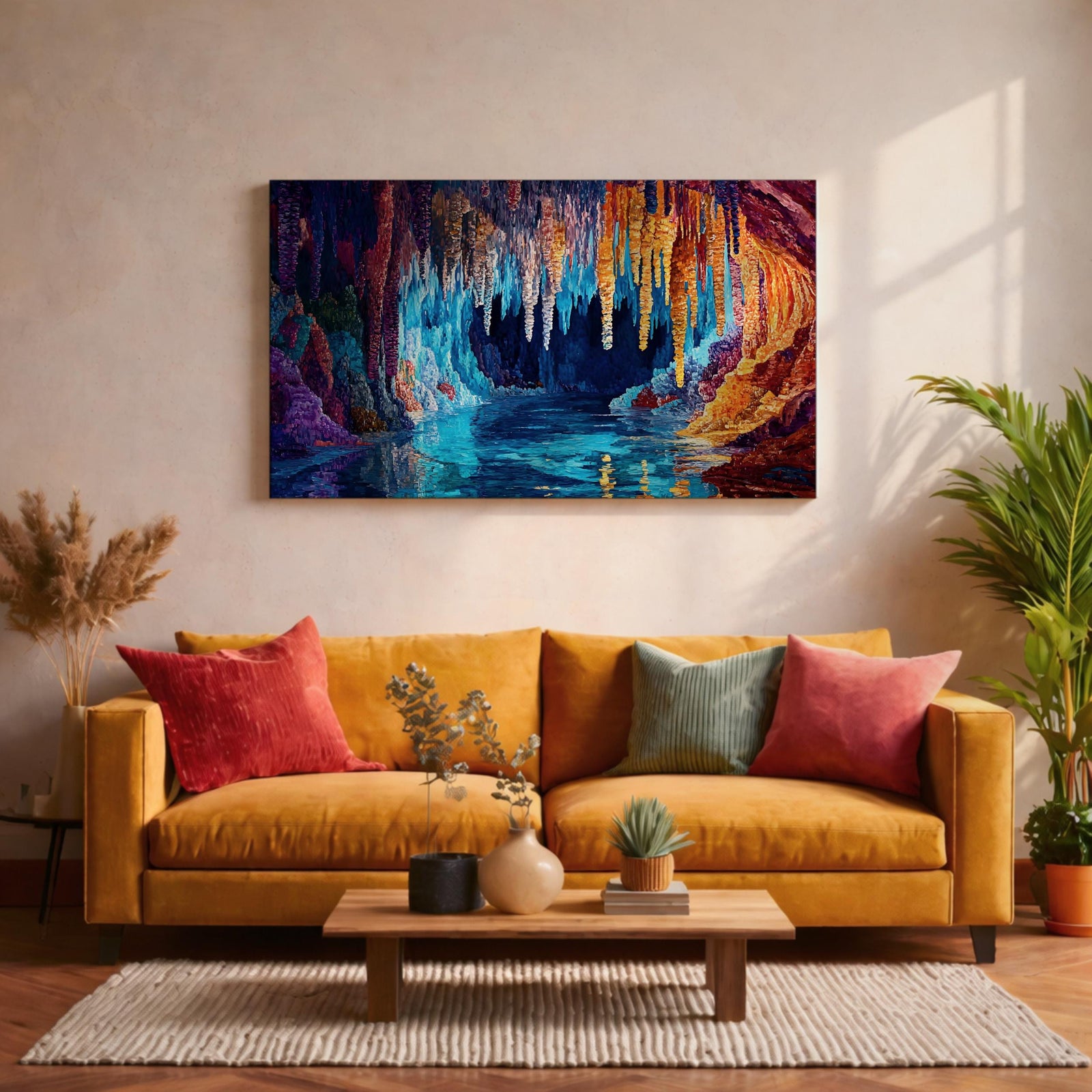 Fantasy Cave Painting: Vibrant Stalactite Grotto Art (Digital / Print / Canvas / Framed)