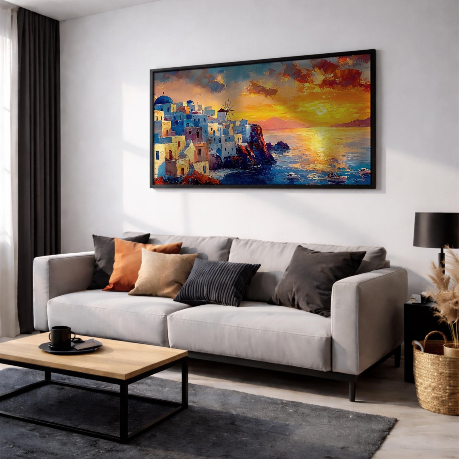 Santorini Sunset Art Print: Mediterranean Coastal Painting (Digital / Print / Canvas / Framed)