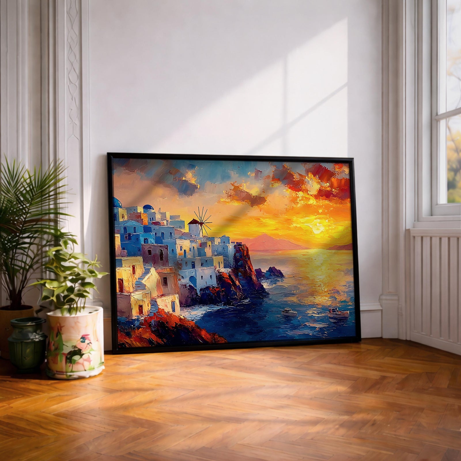 Santorini Sunset Art Print: Mediterranean Coastal Painting (Digital / Print / Canvas / Framed)