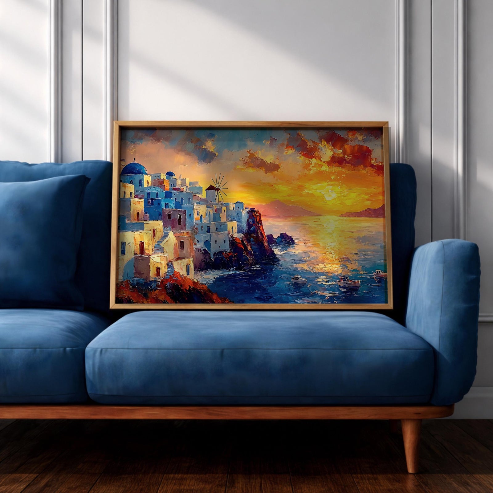 Santorini Sunset Art Print: Mediterranean Coastal Painting (Digital / Print / Canvas / Framed)