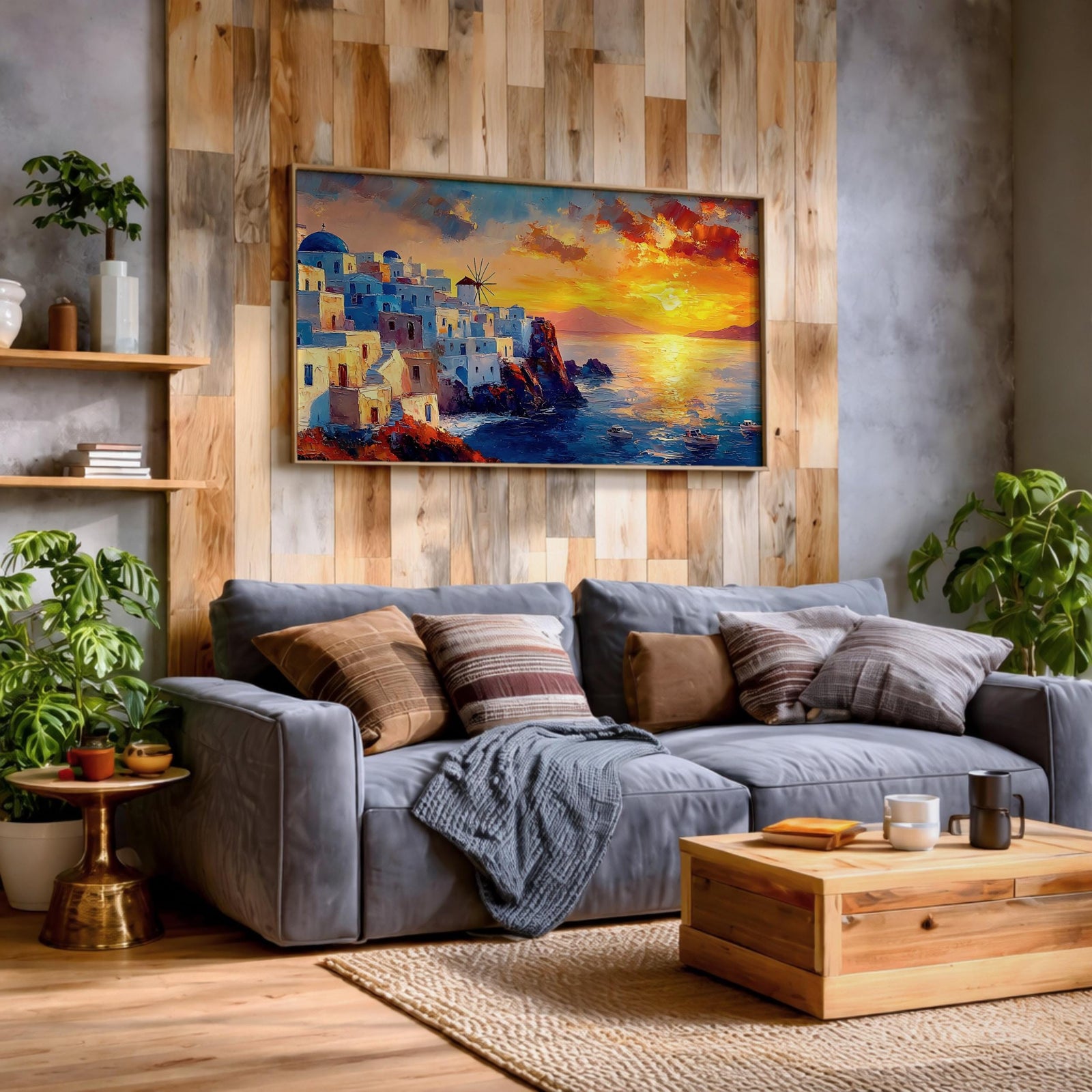 Santorini Sunset Art Print: Mediterranean Coastal Painting (Digital / Print / Canvas / Framed)