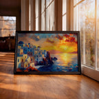 Santorini Sunset Art Print: Mediterranean Coastal Painting (Digital / Print / Canvas / Framed)