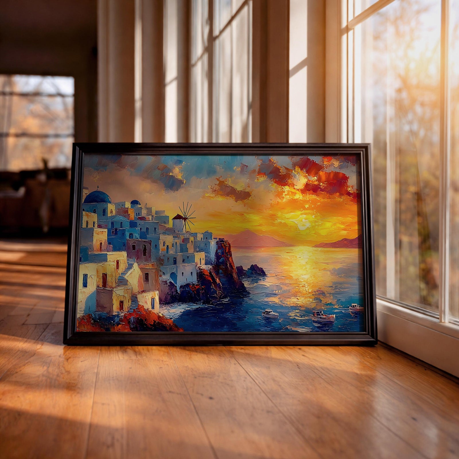 Santorini Sunset Art Print: Mediterranean Coastal Painting (Digital / Print / Canvas / Framed)