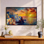 Santorini Sunset Art Print: Mediterranean Coastal Painting (Digital / Print / Canvas / Framed)