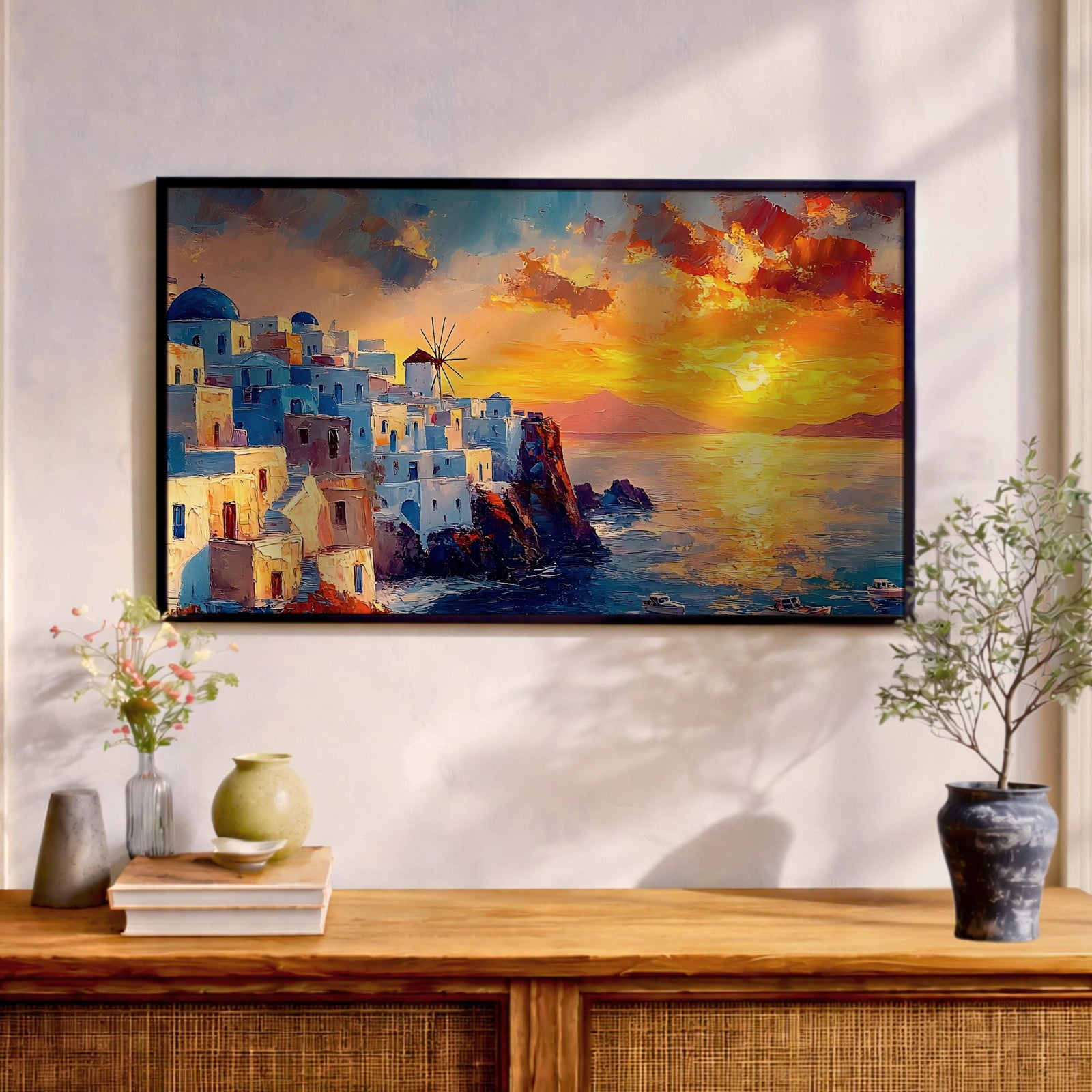 Santorini Sunset Art Print: Mediterranean Coastal Painting (Digital / Print / Canvas / Framed)