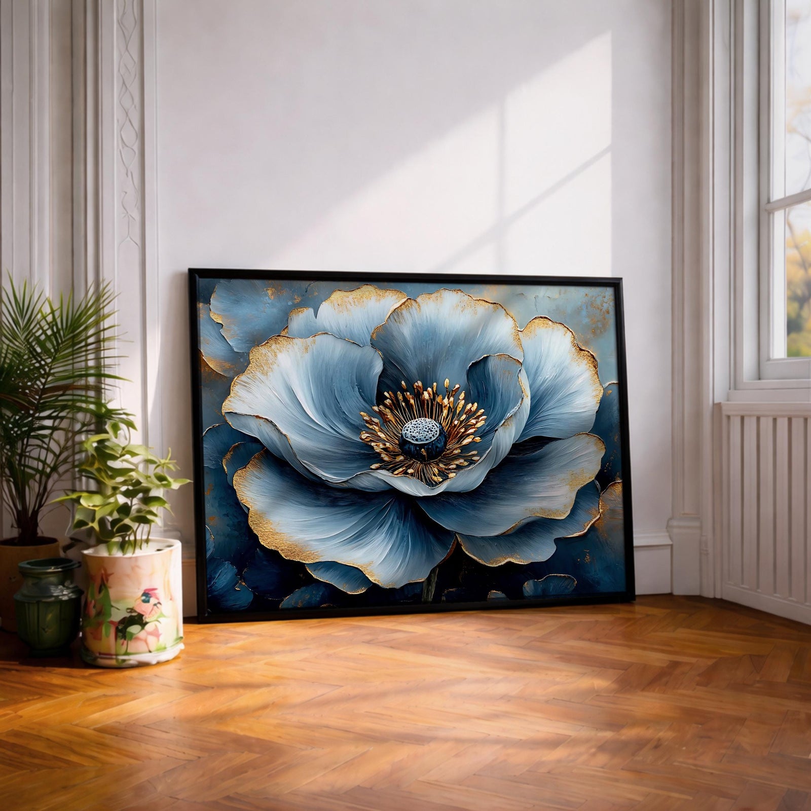 Blue Flower Oil Painting Print: Elegant Botanical Wall Art (Digital / Print / Canvas / Framed)