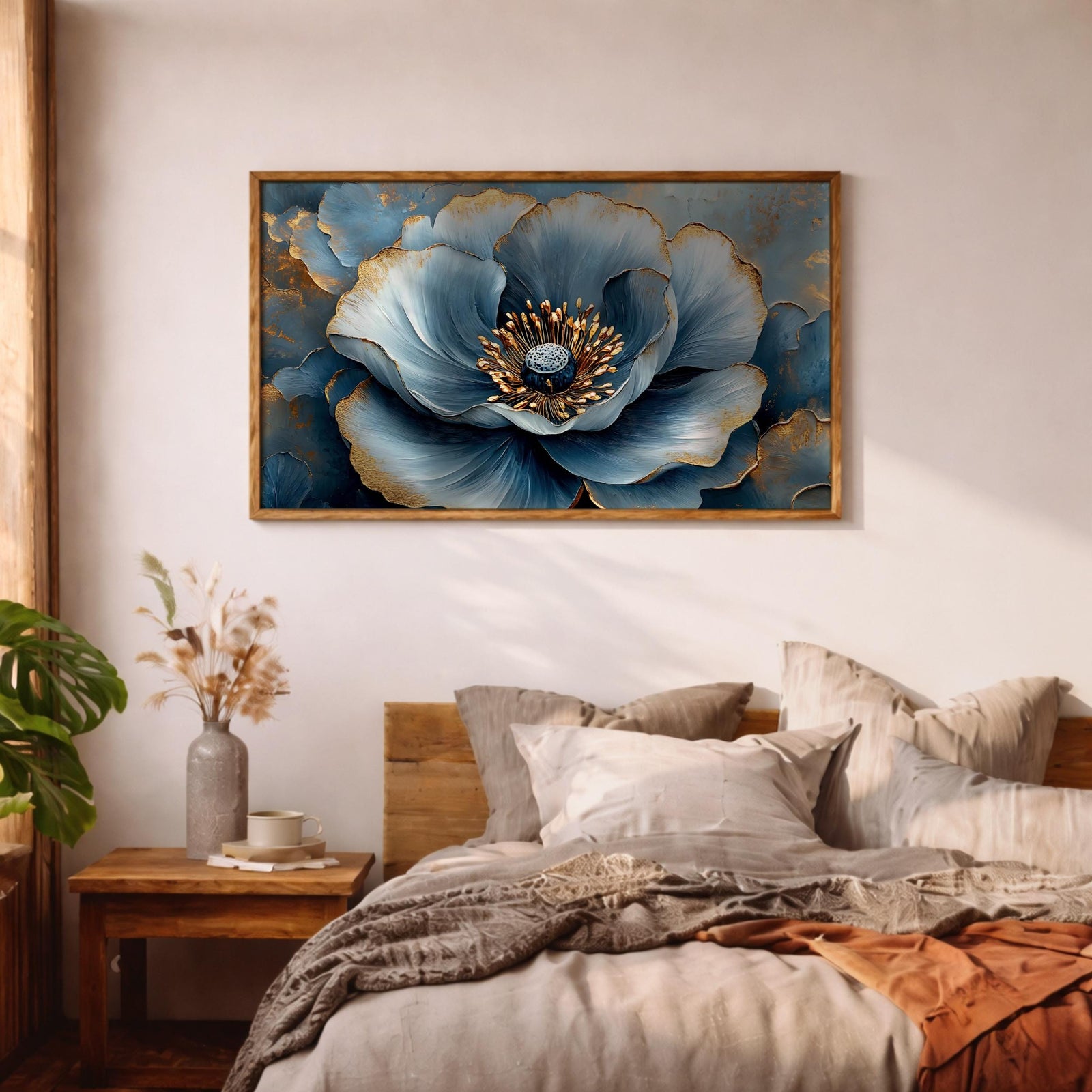 Blue Flower Oil Painting Print: Elegant Botanical Wall Art (Digital / Print / Canvas / Framed)