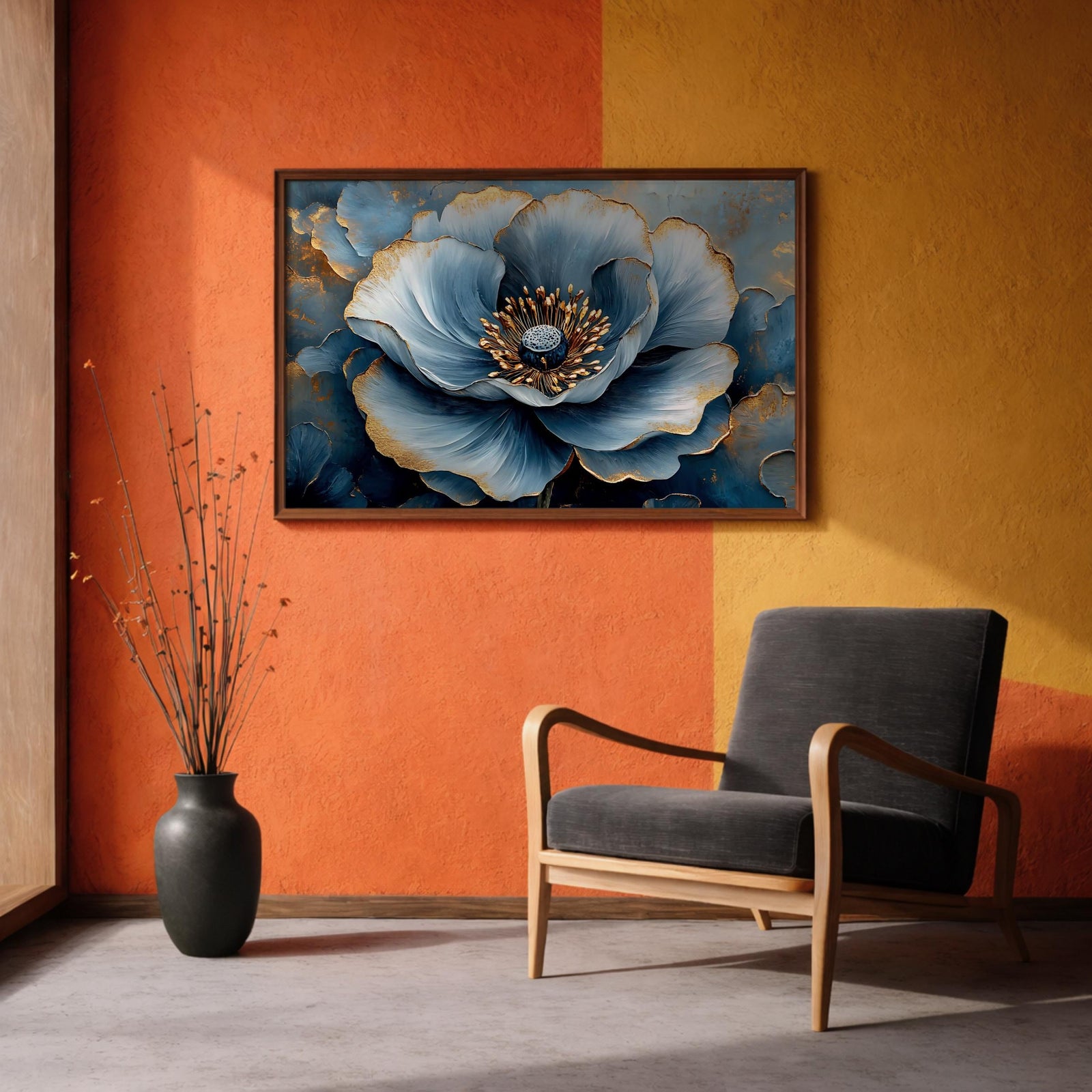 Blue Flower Oil Painting Print: Elegant Botanical Wall Art (Digital / Print / Canvas / Framed)