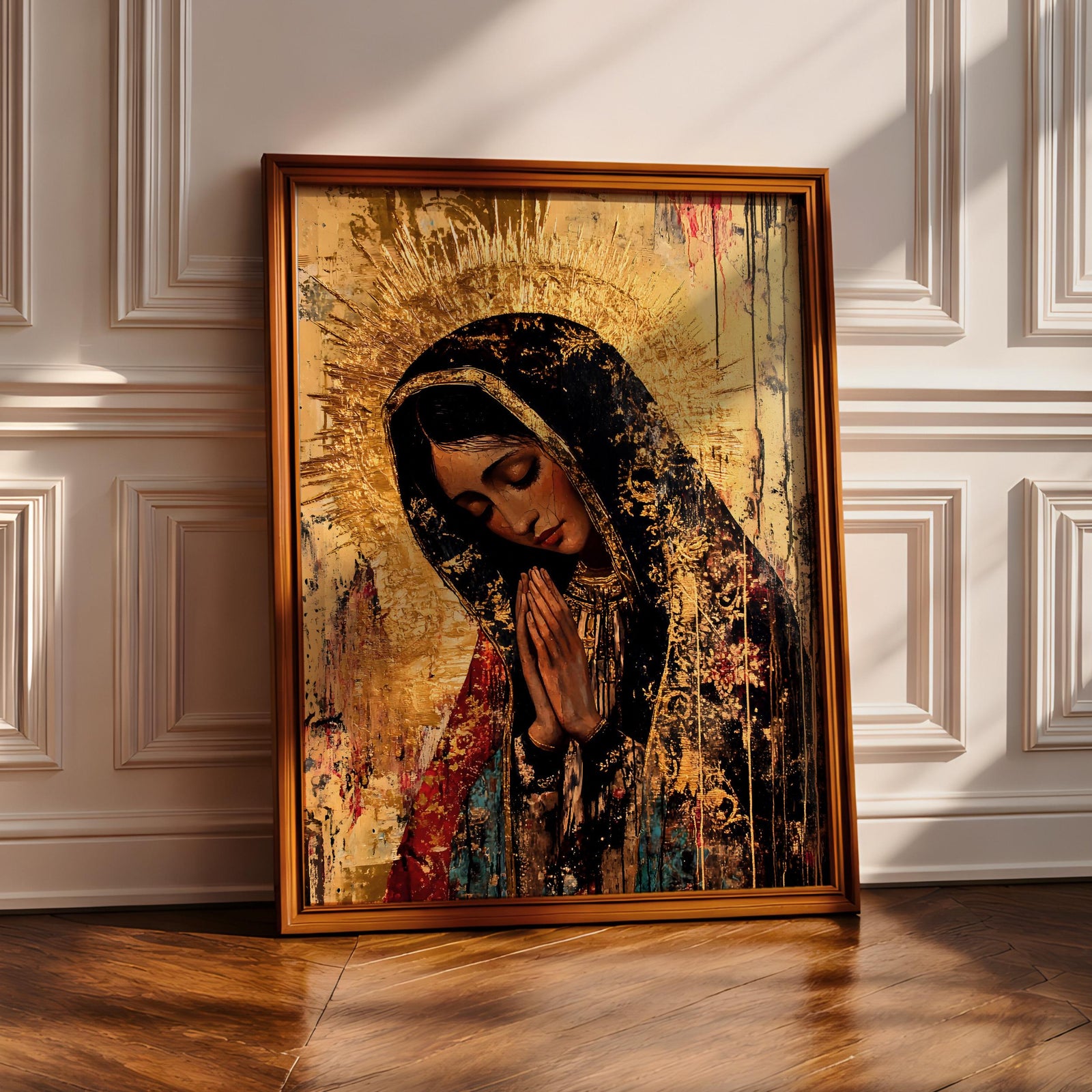 A vintage-style framed canvas depicting Our Lady of Guadalupe with hands clasped in prayer, adorned with a radiant golden halo and intricate patterns on her cloak, rendered in rich textures and warm tones, capturing the iconic Mexican Catholic religious figure in a classic devotional portrait.
