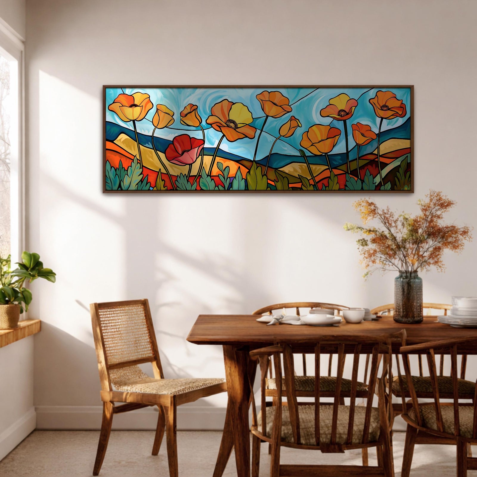 Poppy Field Stained Glass Wall Art Print: Bright Floral Landscape (Digital / Canvas / Framed)