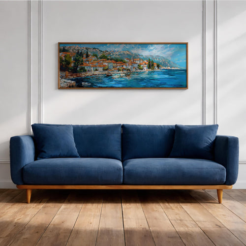 Coastal Village Panoramic Print: Mediterranean Seaside Wall Art (Digital / Canvas / Framed)