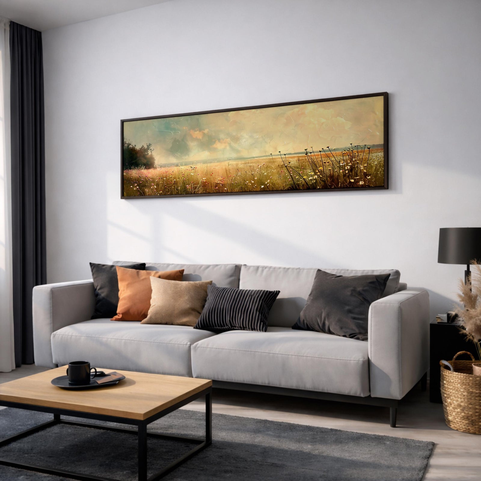 Wildflower Meadow Landscape Painting: Rustic Farmhouse Wall Art (Digital / Canvas / Framed)