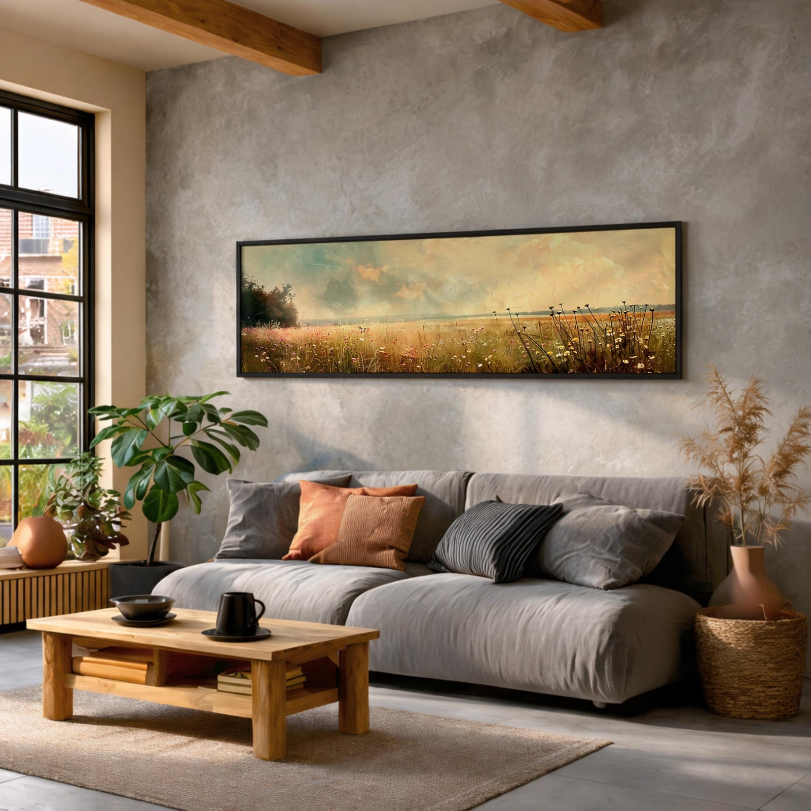 Wildflower Meadow Landscape Painting: Rustic Farmhouse Wall Art (Digital / Canvas / Framed)