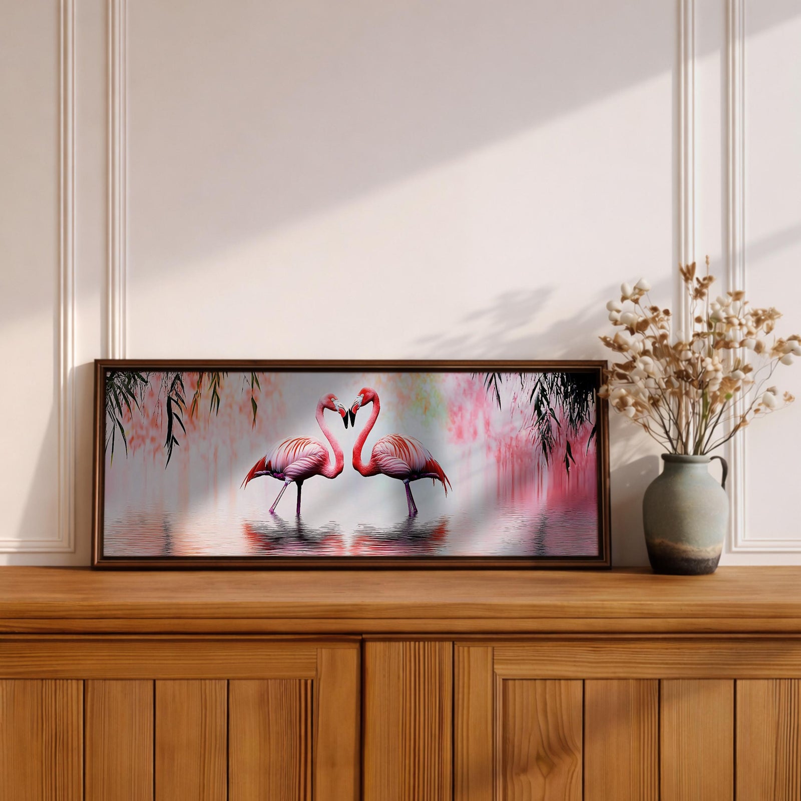 Pink Flamingo Wall Art Print: Tropical Birds Panoramic Decor (Digital / Canvas / Framed)
