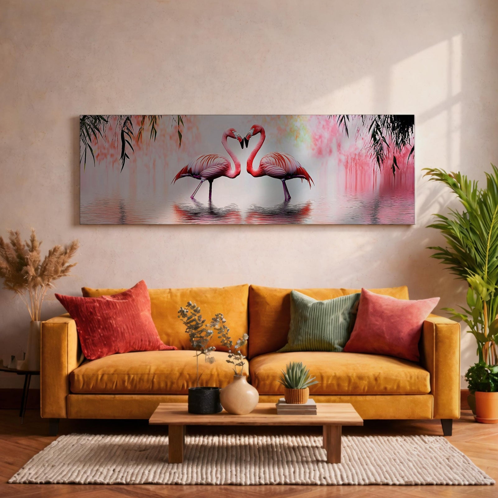 Pink Flamingo Wall Art Print: Tropical Birds Panoramic Decor (Digital / Canvas / Framed)