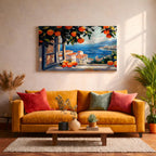Mediterranean Window Art Print: Coastal Orange Tree View (Digital / Print / Canvas / Framed)