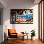 Mediterranean Window Art Print: Coastal Orange Tree View (Digital / Print / Canvas / Framed)