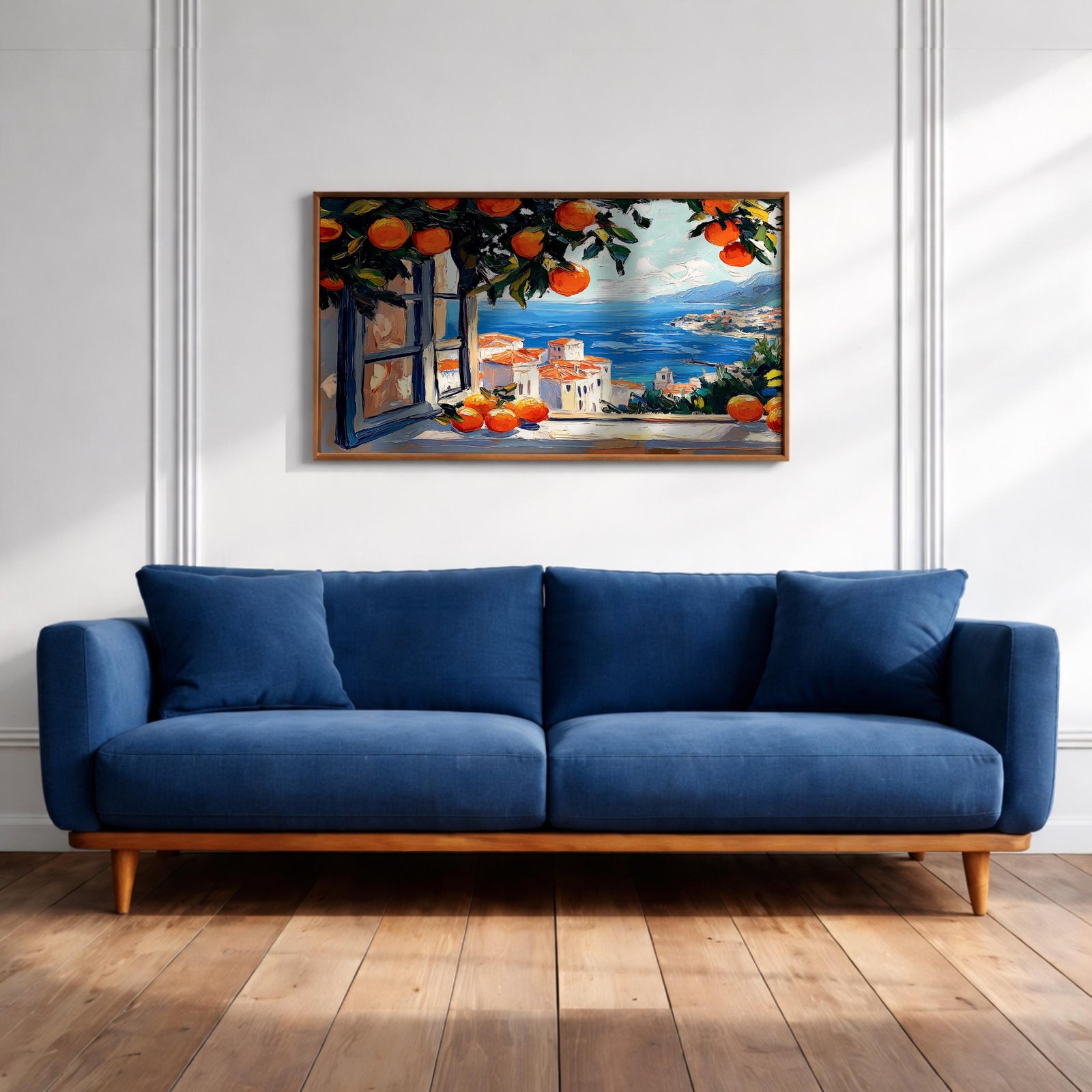 Mediterranean Window Art Print: Coastal Orange Tree View (Digital / Print / Canvas / Framed)