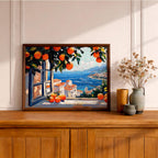 Mediterranean Window Art Print: Coastal Orange Tree View (Digital / Print / Canvas / Framed)