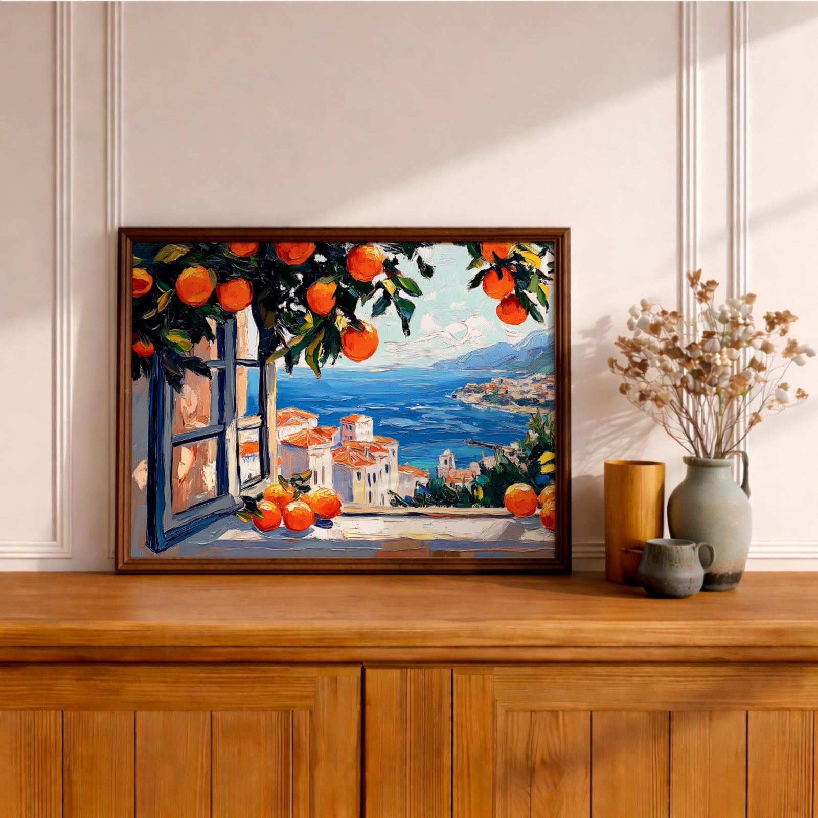 Mediterranean Window Art Print: Coastal Orange Tree View (Digital / Print / Canvas / Framed)