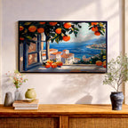 Mediterranean Window Art Print: Coastal Orange Tree View (Digital / Print / Canvas / Framed)