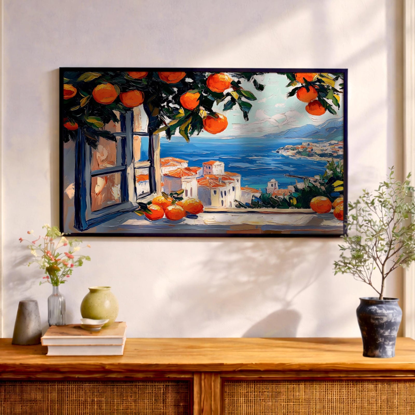 Mediterranean Window Art Print: Coastal Orange Tree View (Digital / Print / Canvas / Framed)