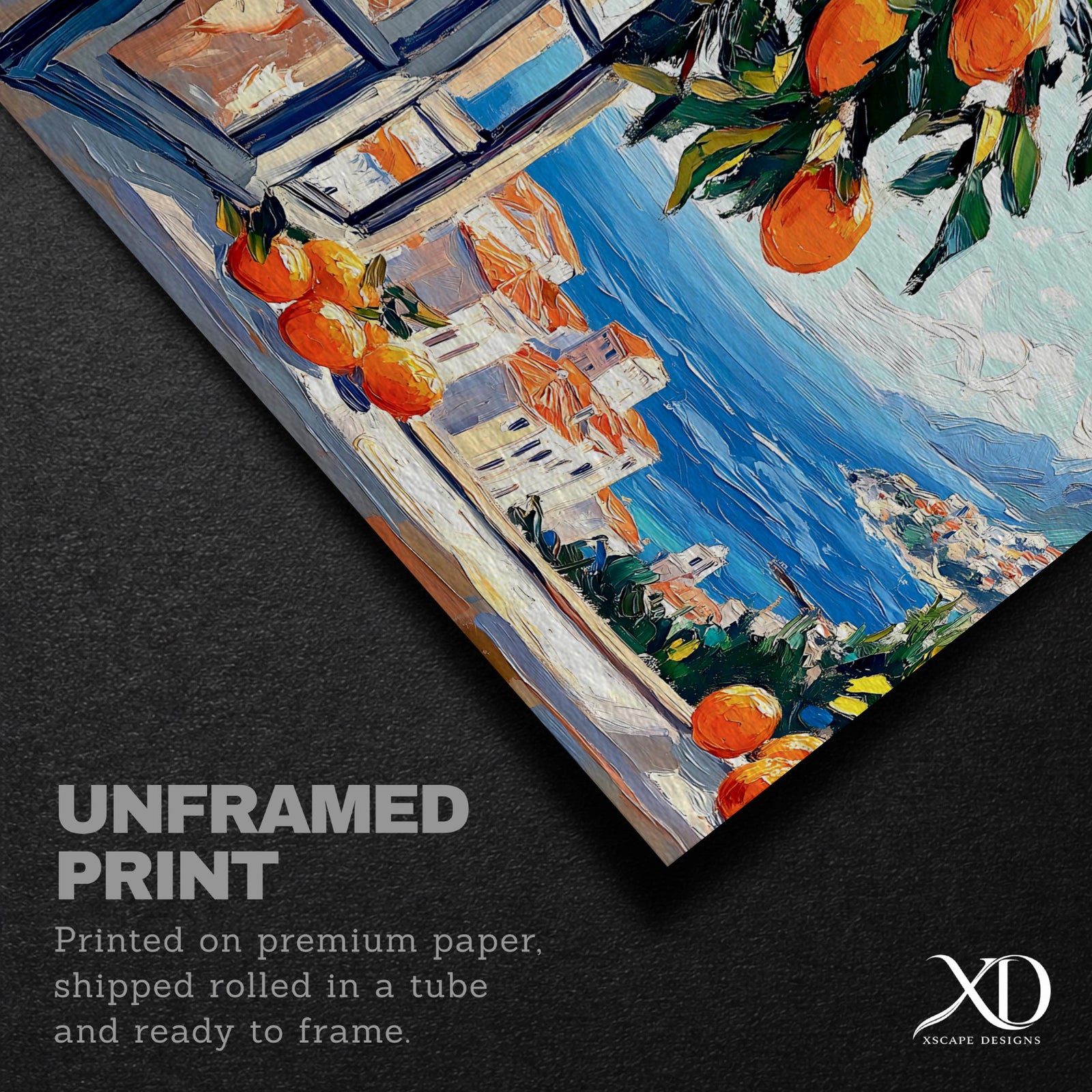 Mediterranean Window Art Print: Coastal Orange Tree View (Digital / Print / Canvas / Framed)