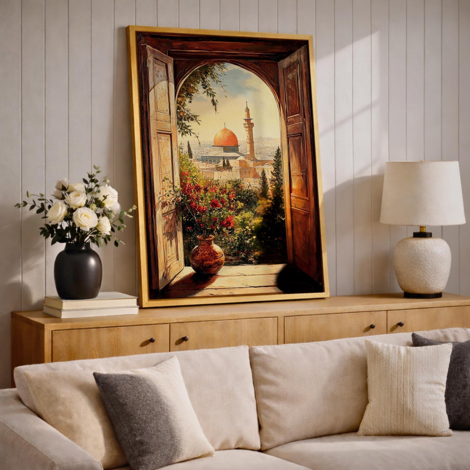 Masjid Al-Aqsa wall art featuring the Dome of the Rock in Jerusalem viewed through an open window with flowers and greenery in the foreground. Islamic artwork capturing the scenic beauty of Palestine and the historic mosque in framed canvas decor.