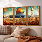 Set of 3 framed canvas triptych depicting Masjed Al Aqsa and the Dome of the Rock in Jerusalem in a bold mosaic patchwork style with warm terracotta and teal tones, displayed above a neutral sofa.
