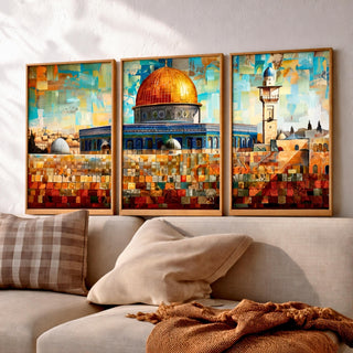 Set of 3 framed canvas triptych depicting Masjed Al Aqsa and the Dome of the Rock in Jerusalem in a bold mosaic patchwork style with warm terracotta and teal tones, displayed above a neutral sofa.