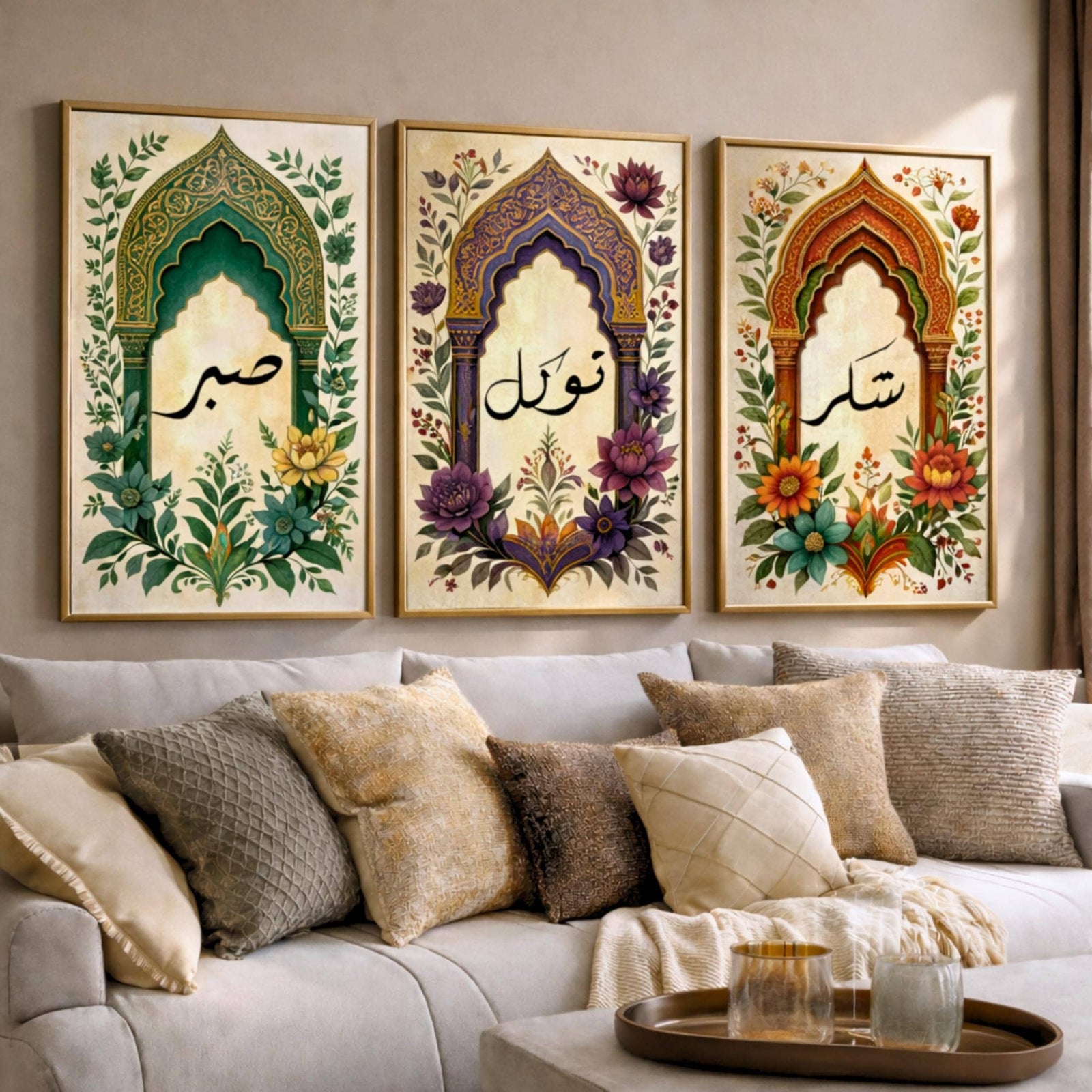 Set of 3 framed canvas triptych with Sabr, Tawakkul and Shukr in Arabic calligraphy inside green, purple and terracotta Mughal arches surrounded by intricate botanical florals on a cream parchment background.
