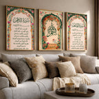 Set of 3 framed canvas triptych with Surah Al-Rahman, large Bismillah calligraphy and Surah Al-Fatiha inside vibrant green and pink Mughal floral arches on a warm cream background, displayed above a neutral sofa.