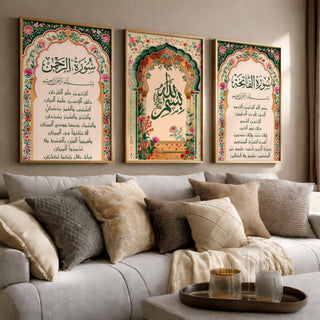 Set of 3 framed canvas triptych with Surah Al-Rahman, large Bismillah calligraphy and Surah Al-Fatiha inside vibrant green and pink Mughal floral arches on a warm cream background, displayed above a neutral sofa.