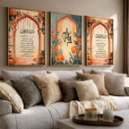 Set of 3 framed canvas triptych with Surah Al-Rahman, Bismillah and Surah Al-Fatiha in Arabic calligraphy inside terracotta arches with orange marigold flowers and teal accents, displayed above a neutral sofa.