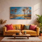 Impasto-style painting of an Arabian desert oasis with tall date palm trees surrounding reflective water, golden sand dunes stretching into the distance, and bright blue sky with sunlit clouds creating a warm Middle Eastern desert landscape.