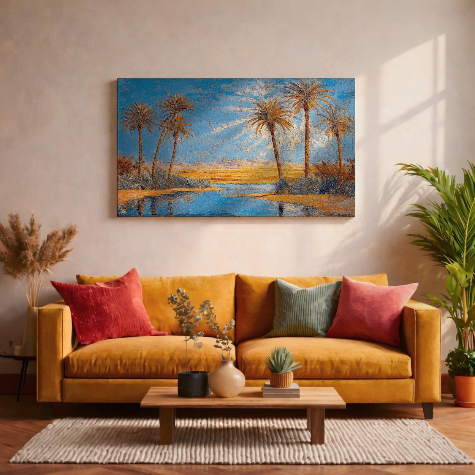 Impasto-style painting of an Arabian desert oasis with tall date palm trees surrounding reflective water, golden sand dunes stretching into the distance, and bright blue sky with sunlit clouds creating a warm Middle Eastern desert landscape.