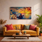 A vibrant impasto painting depicting a Santorini sunset over whitewashed buildings with blue domes and a windmill on cliffs overlooking a calm sea with boats, capturing the Mediterranean coastal landscape in rich textured brushstrokes.