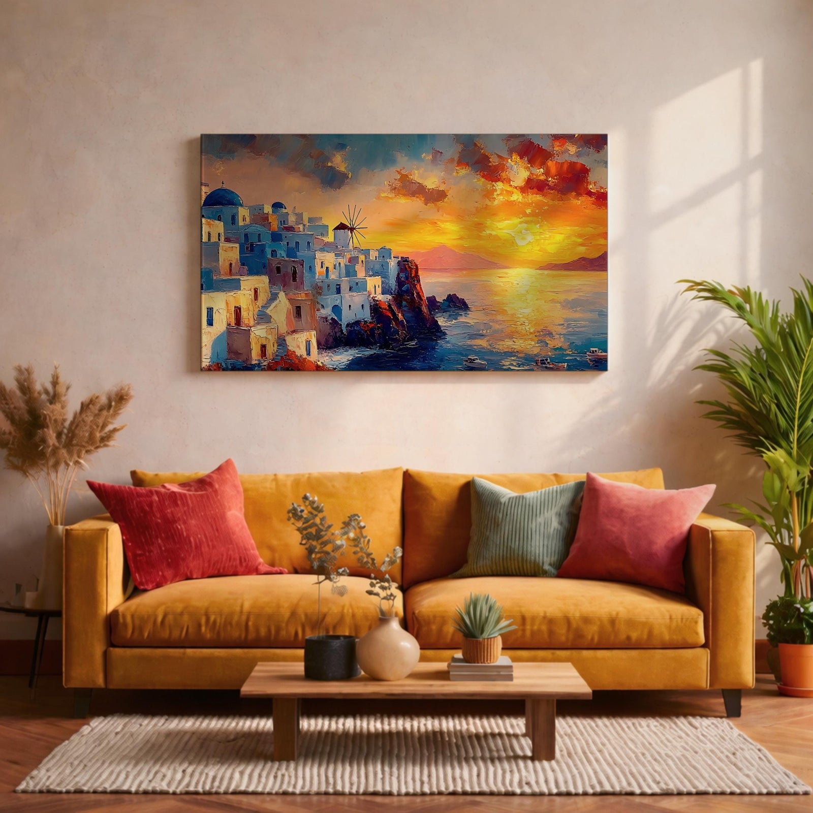 A vibrant impasto painting depicting a Santorini sunset over whitewashed buildings with blue domes and a windmill on cliffs overlooking a calm sea with boats, capturing the Mediterranean coastal landscape in rich textured brushstrokes.