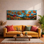 A long panoramic stained glass style illustration of tall poppy flowers rising above colorful rolling hills. Bright orange and yellow poppies with bold outlines stretch across the foreground while swirling blue sky patterns and layered landscape shapes create a vibrant floral composition in a wide horizontal format.