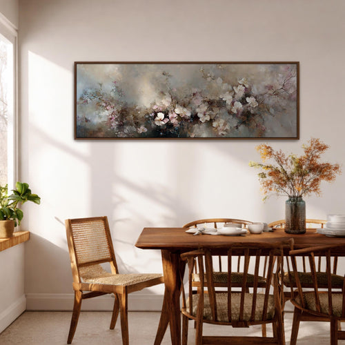Panoramic abstract floral painting featuring soft clusters of pale blossoms and delicate branches emerging through layered textures of beige, taupe, cream, and muted pink tones. Loose expressive brushwork and blended pigments create a dreamy botanical composition with subtle depth and airy movement across the long horizontal canvas.