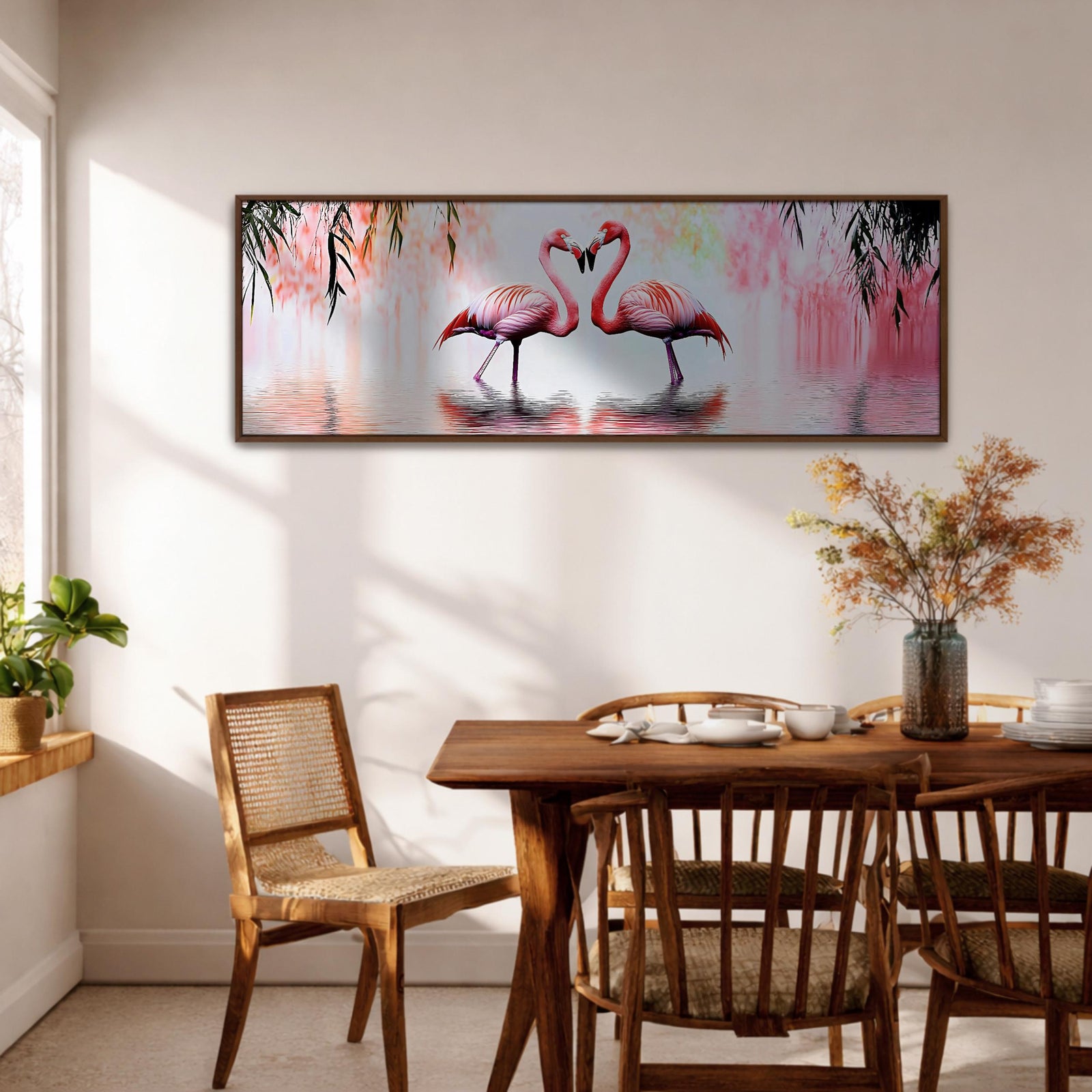 Panoramic artwork of two pink flamingos standing in shallow water facing each other with curved necks forming a heart shape. Gentle reflections ripple across the water while soft tropical foliage hangs above and pastel tones of pink and blush blend into the background of the wide horizontal bird composition.