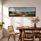 Panoramic landscape painting of a wildflower meadow with tall grasses and scattered field flowers stretching across open prairie land. Soft textured brushstrokes in earthy greens, golds, and muted rust tones lead toward distant rolling hills beneath a cloudy sky, creating a wide countryside scene with natural depth.