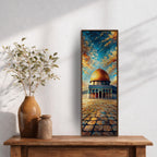 Tall vertical painting of the Dome of the Rock in Jerusalem with the golden dome rising above the historic stone courtyard of the Al Aqsa mosque complex. The scene features textured oil brushstrokes and a dramatic sky in blue and gold tones.