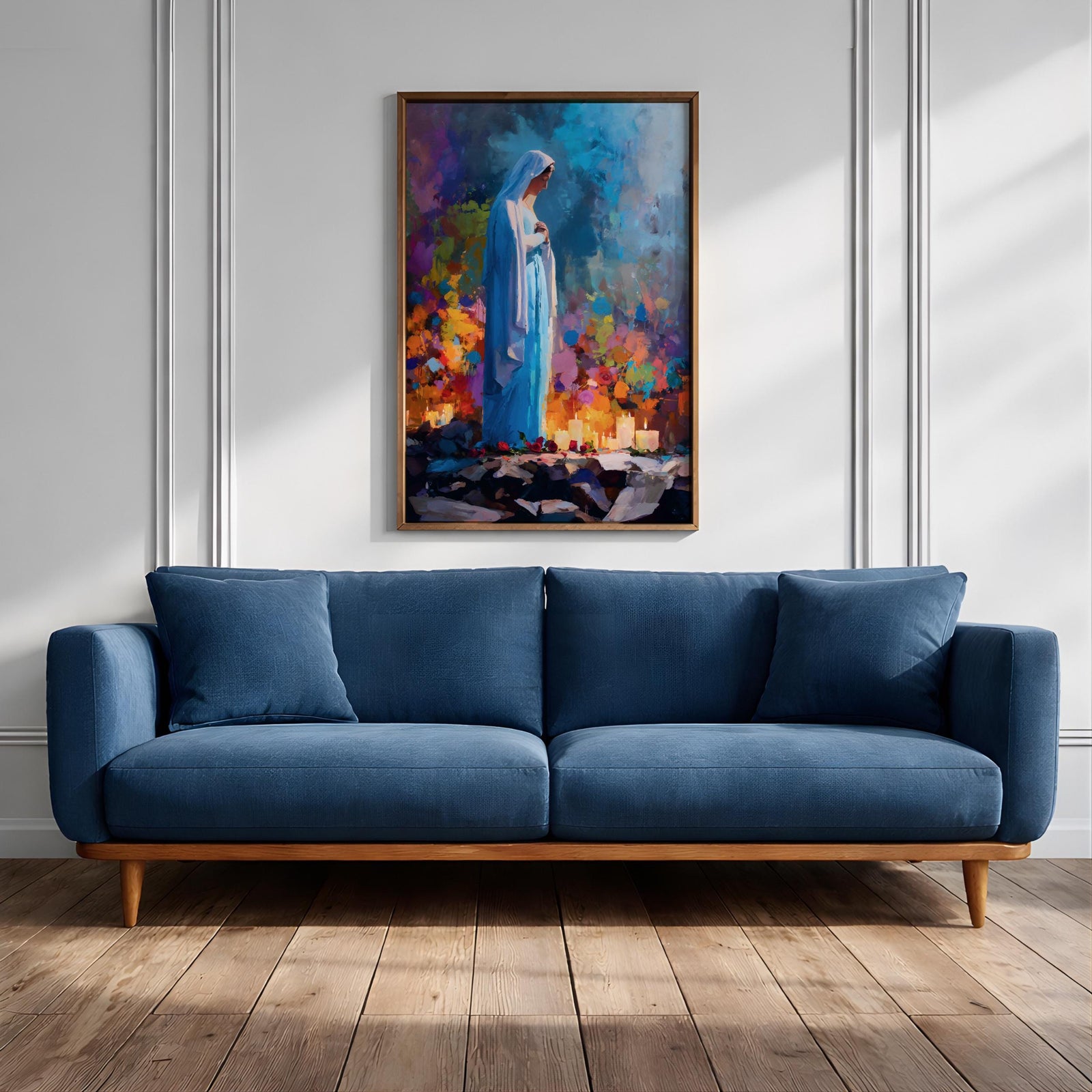 Our Lady of Lourdes Wall Art Marian Apparition Framed Canvas Colorful Candlelit Catholic Decor