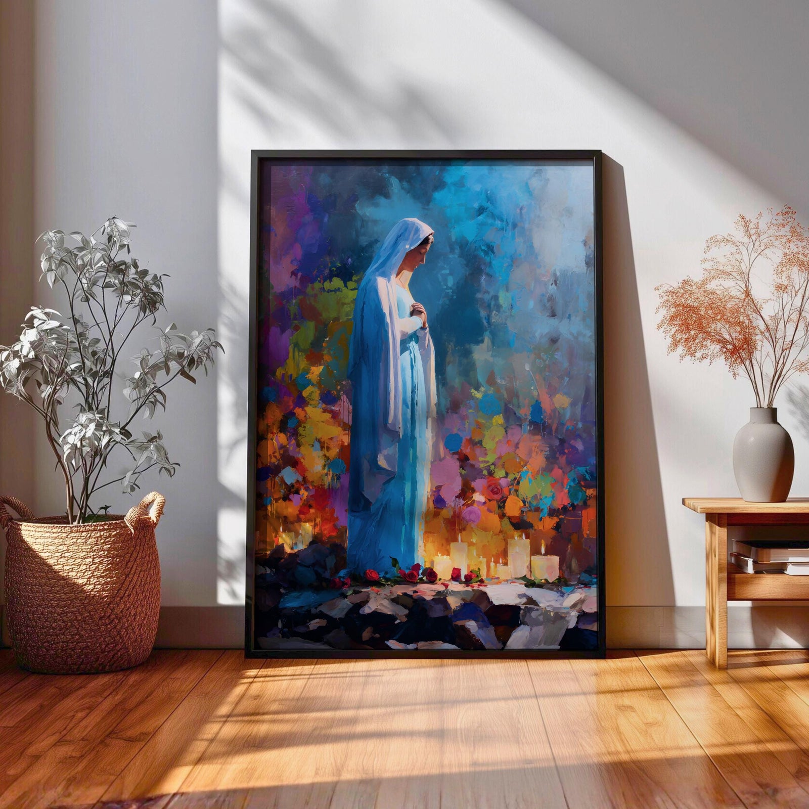 Our Lady of Lourdes Wall Art Marian Apparition Framed Canvas Colorful Candlelit Catholic Decor