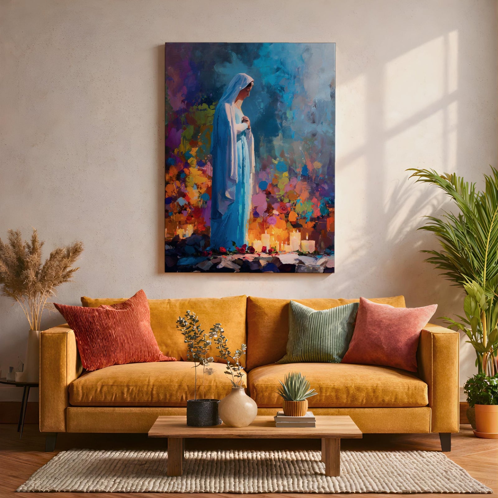 Our Lady of Lourdes Wall Art Marian Apparition Framed Canvas Colorful Candlelit Catholic Decor