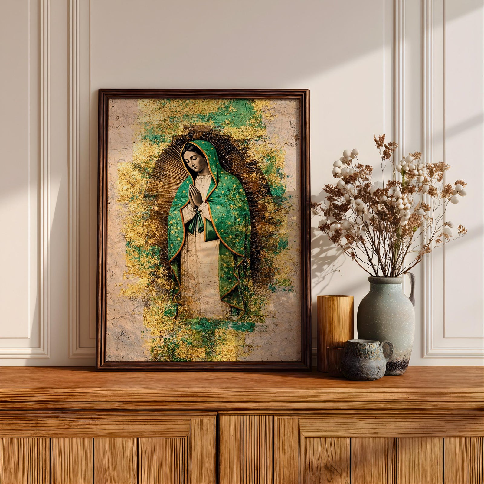Our Lady of Guadalupe Wall Art Virgencita Maria Framed Canvas Abstract Mexican Catholic Decor