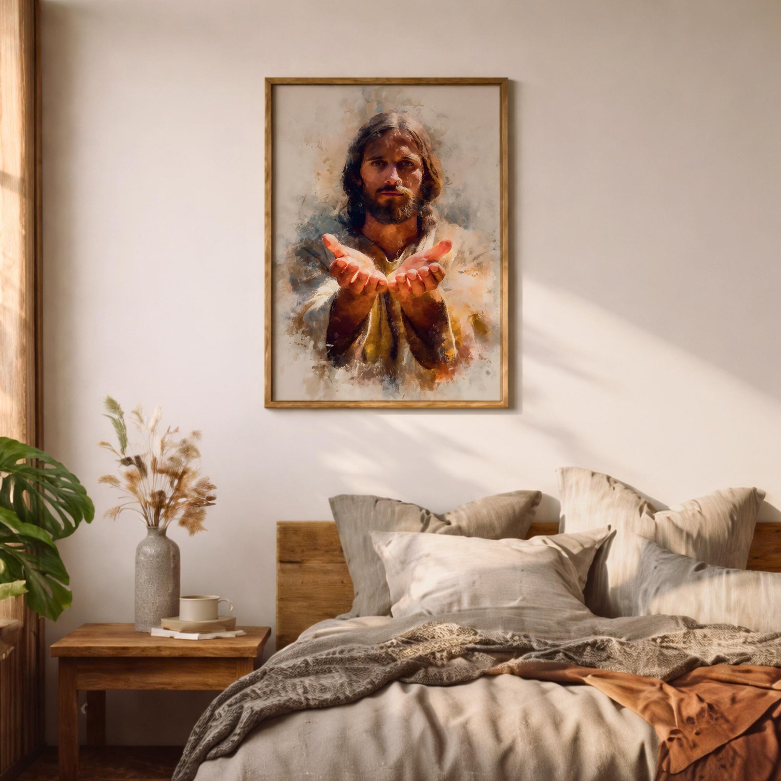 Jesus Wall Art Christ The Redeemer Framed Canvas Open Hands Christian Boho Decor