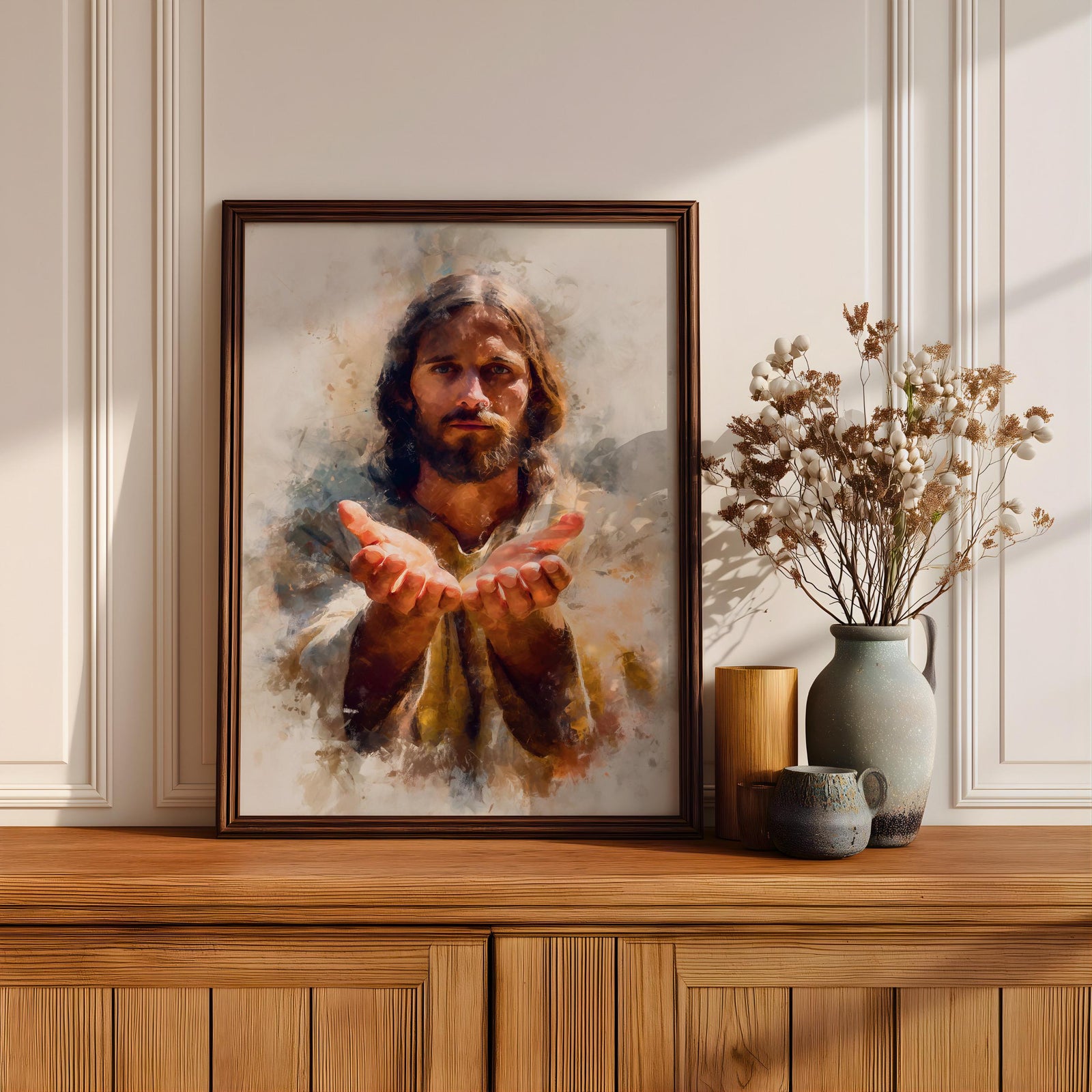 Jesus Wall Art Christ The Redeemer Framed Canvas Open Hands Christian Boho Decor